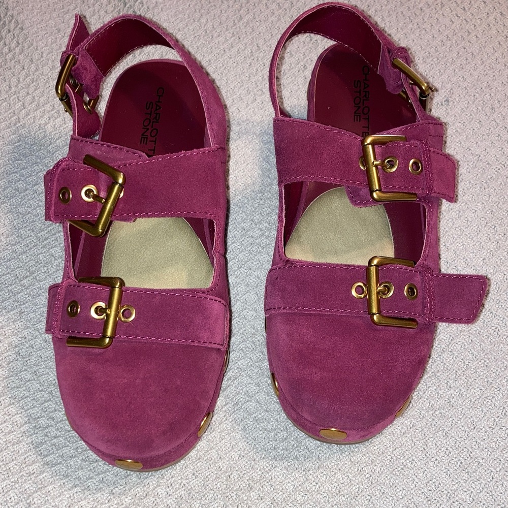 Charlotte Stone “Louise” platform clogs in “Carmine.” Size 9